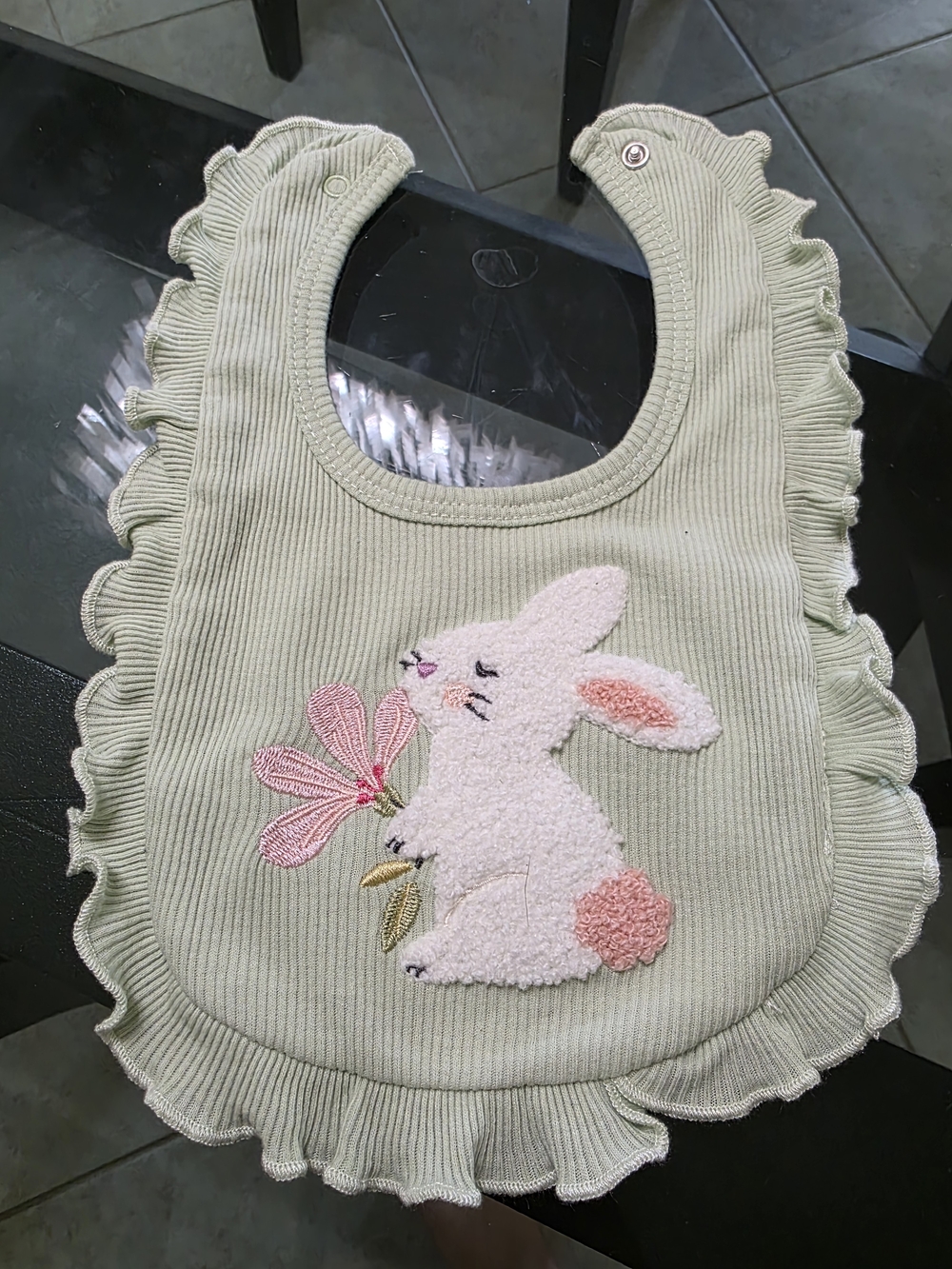 Source Unknown Sage Green Baby Bib with Bunny and Pink Flower